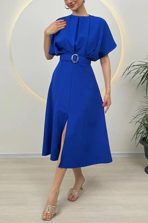 Margovil Crewneck Short Sleeves Belted Slit Midi Dress