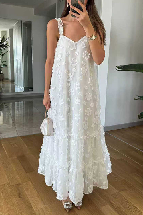 Margovil V Neck Sleeveless Flower Applique Ruffle Maxi Dress