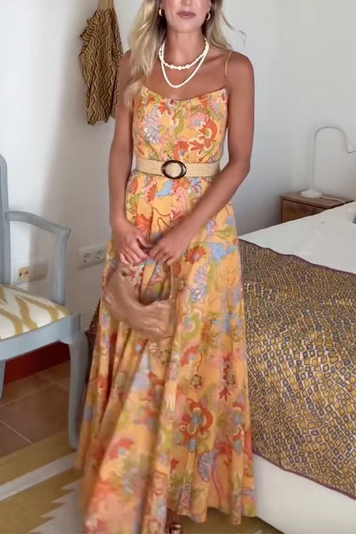 Margovil Spaghetti Strap Floral Print Chiffon Maxi Dress