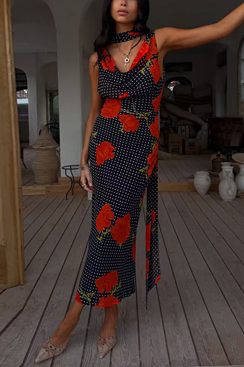 Margovil Cowl Neck Backless Floral Print Maxi Dress with Scarf