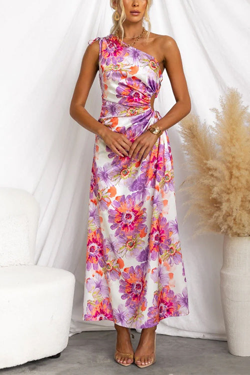 One Shoulder Cut Out Floral Print Slit Satin Maxi Dress