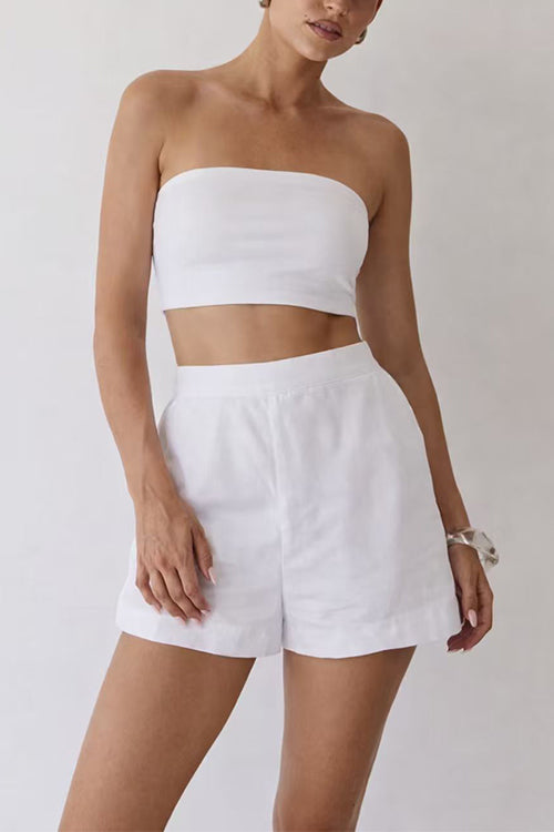 Minimalist Strapless Bandeau Top & High Waist Linen Shorts Set