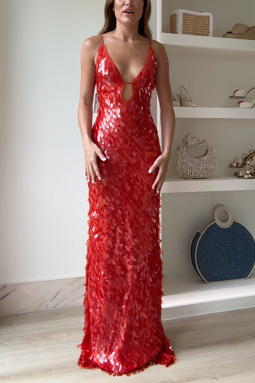 Margovil V Neck Cut Out Sequin Bodycon Maxi Cami Party Dress