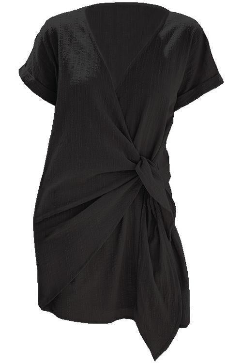 Margovil Solid Cross V Neck Tie Wrap Dress