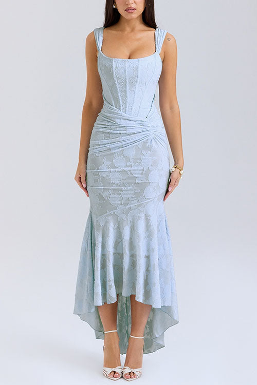 Margovil Sleeveless Ruched Waist Ruffle Hem Jacquard Maxi Dress