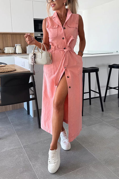 Margovil Sleeveless Button Down Tie Waist Pocketed Denim Midi Dress