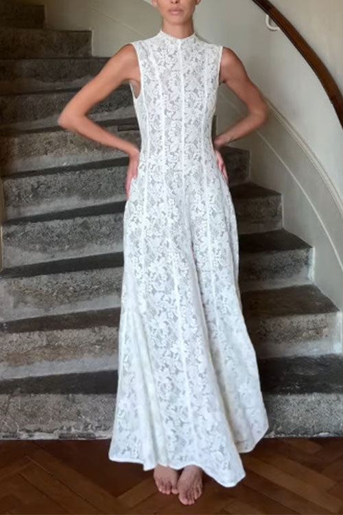 Margovil Mockneck Sleeveless A-line Lace Maxi Dress