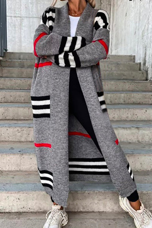 Margovil Open Front Color Block Striped Splice Long Sweater Cardigan
