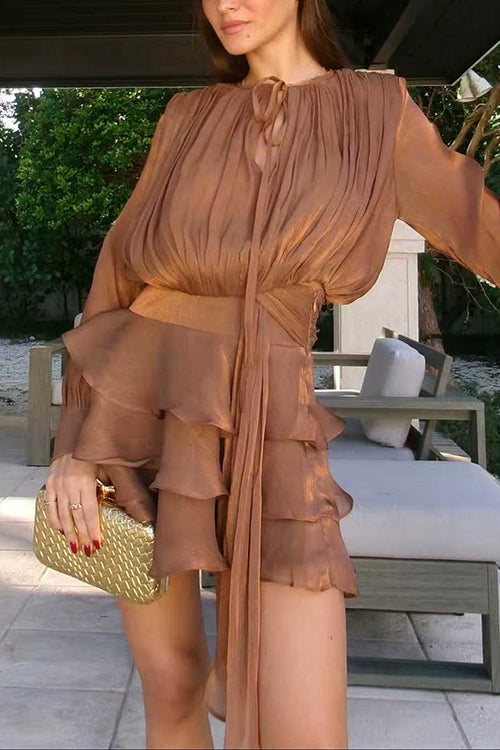 Margovil Lantern Long Sleeves Draped Ruffle Layered Mini Dress with Shorts