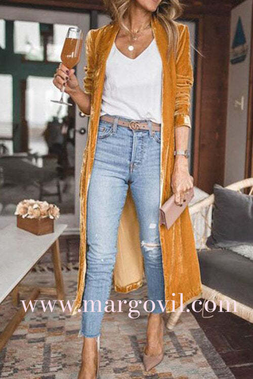 Margovil Stylish Open Front Long Sleeve Velvet Long Coat