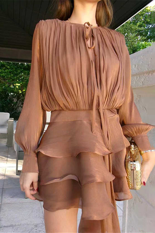 Margovil Lantern Long Sleeves Draped Ruffle Layered Mini Dress with Shorts