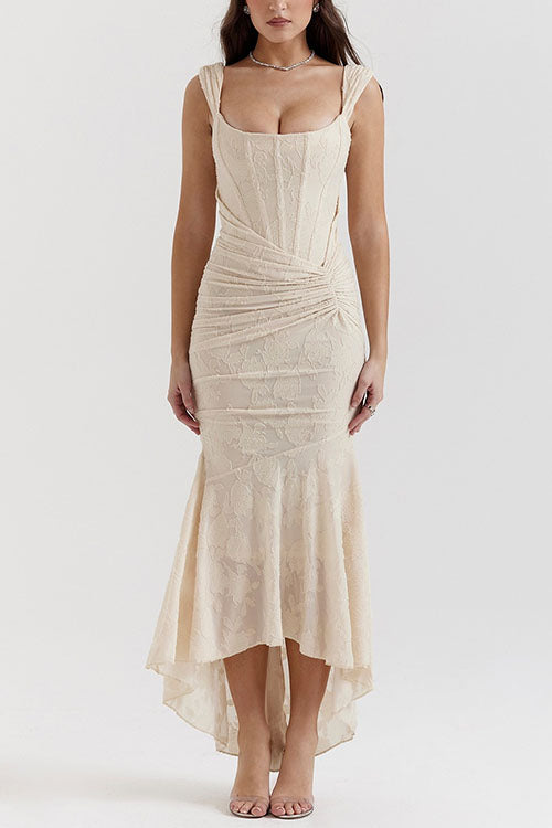 Margovil Sleeveless Ruched Waist Ruffle Hem Jacquard Maxi Dress
