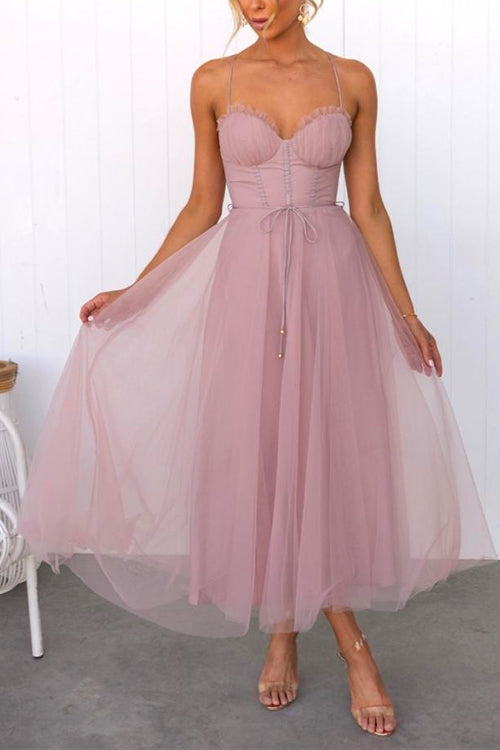Margovil Backless Tie Waist Mesh Swing Maxi Cami Dress