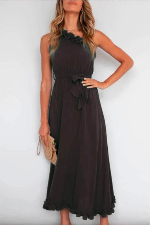 Margovil One Shoulder Sleeveless Tie Waist Ruffle Swing Dress
