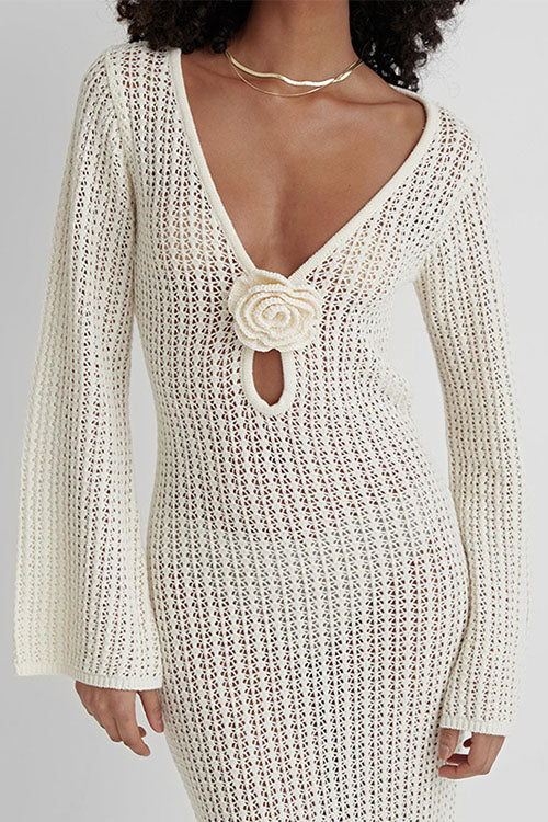 Margovil V Neck Long Sleeves Backless Crochet Hollow Out Knit Maxi Dress