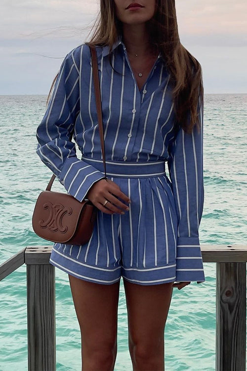 Margovil Striped Long Sleeves Curve Hem Shirt and High Rise Shorts Set
