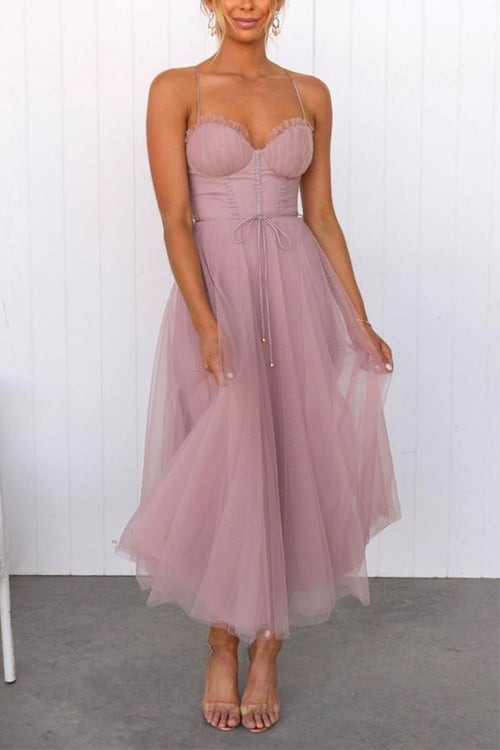 Margovil Backless Tie Waist Mesh Swing Maxi Cami Dress
