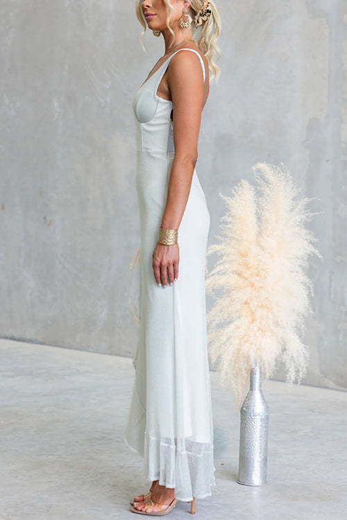 Glitter V Neck Sleeveles Ruffle Slit Maxi Dress