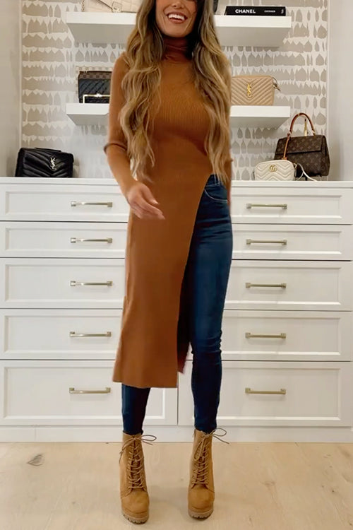 Margo Maillard Turtleneck High Slit Ribbed Knit Dress