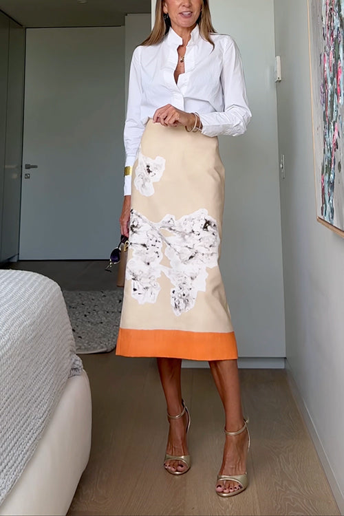 Margovil High Rise Color Block Floral Print Pencil Midi Skirt