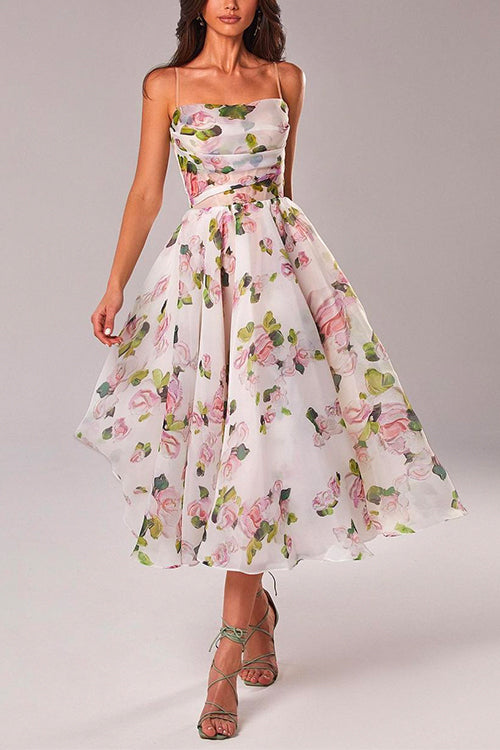 Margovil Adjustable Strap Waisted Floral Swing Midi Holiday Dress