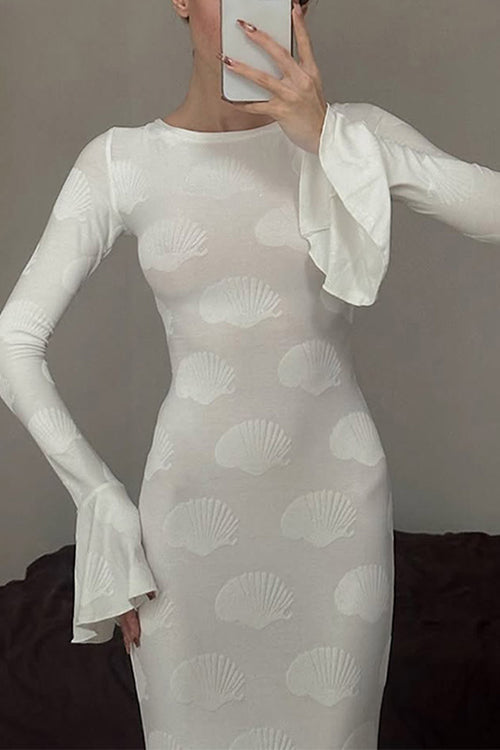 Margovil Bell Long Sleeves Backless Lace-up Shell Print Maxi Dress