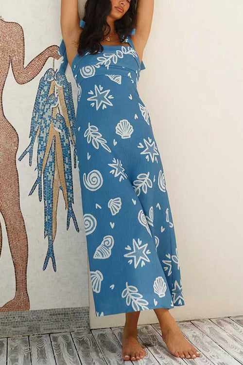 Bow Shoulder Sleeveless Seashell Print Maxi Dress