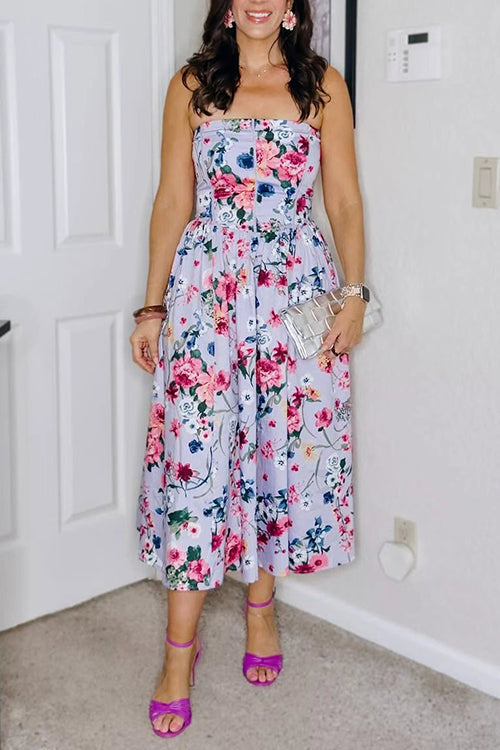 Strapless Tube Back Lace-up Floral Print Midi Dress