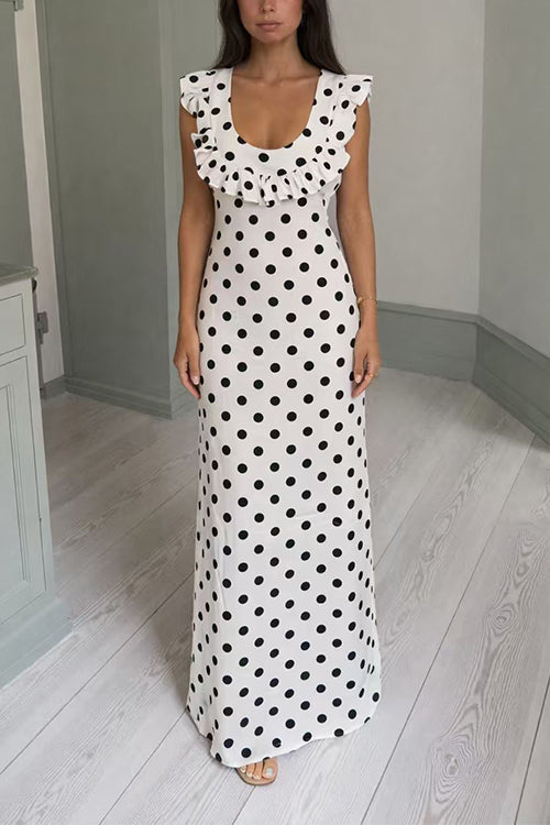 U Neck Ruffle Detail Polka Dot Maxi Dress