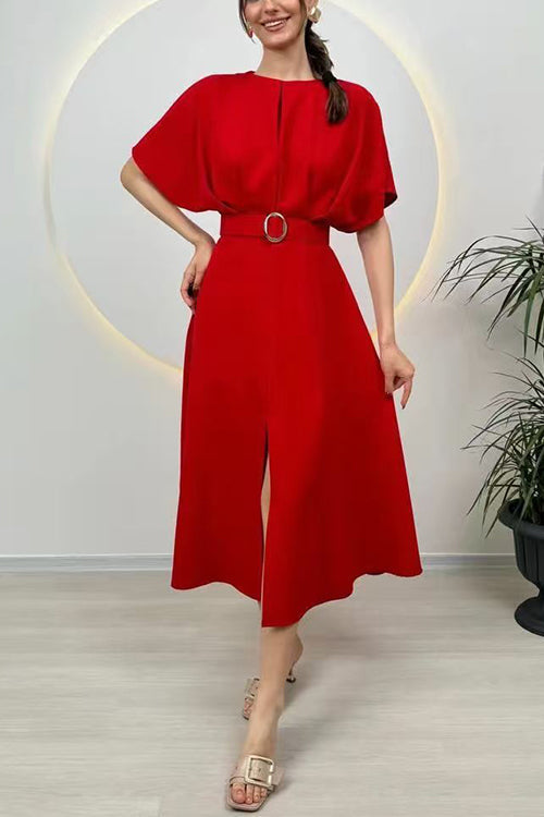 Margovil Crewneck Short Sleeves Belted Slit Midi Dress