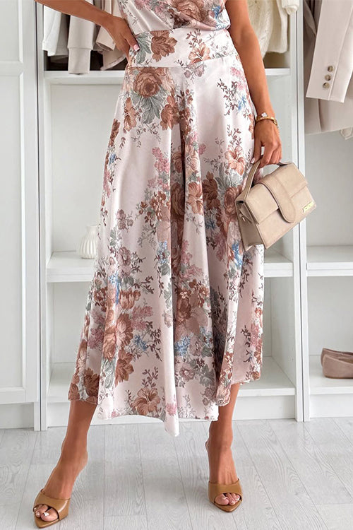 Elastic Waist Floral Print Wide Leg Cropped Pants