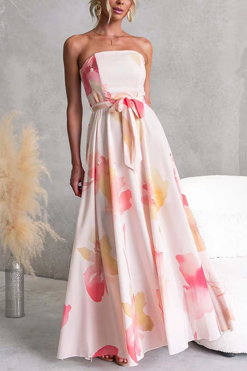 Strapless Tube Tie Waist Floral Print Maxi Dress