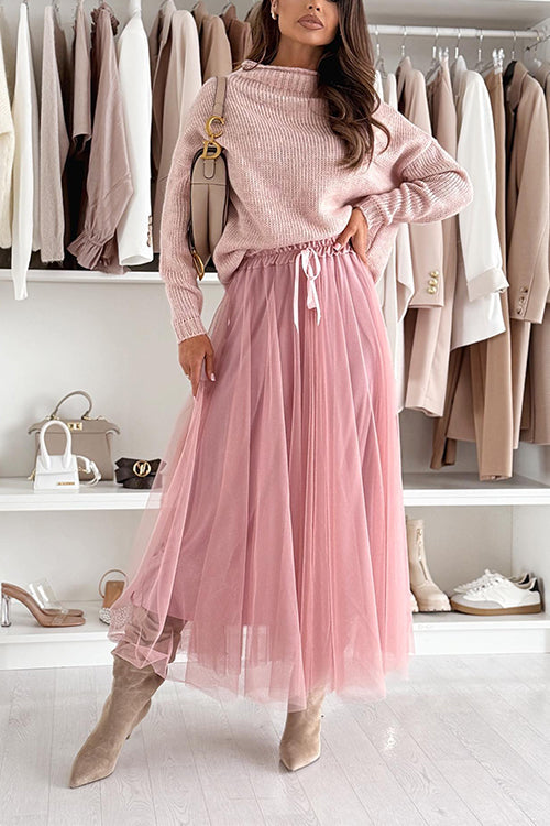Elastic Waist Mesh Flowy Maxi Skirt