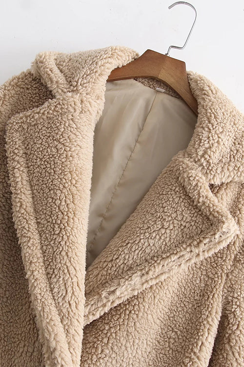 Margovil Notch Lapel Double Breasted Pocketed Fuzzy Fleece Coat