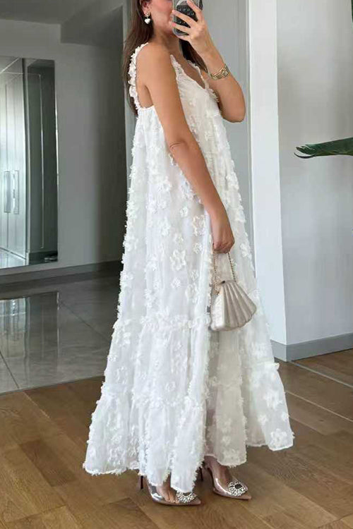 Margovil V Neck Sleeveless Flower Applique Ruffle Maxi Dress