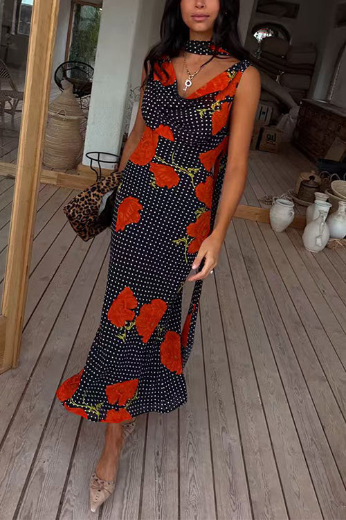 Margovil Cowl Neck Backless Floral Print Maxi Dress with Scarf