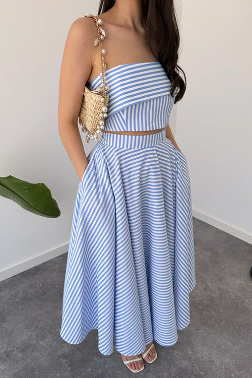 Striped Strapless Tube Crop Top High Rise Pocketed Midi Skirt Set