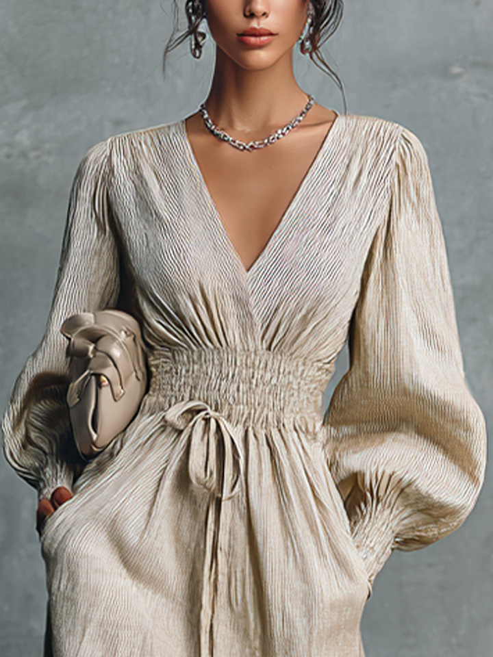 Women's Beige Cotton Linen Striped V-Neck Shirred Waist Maxi Dress MDZ0361C4BA
