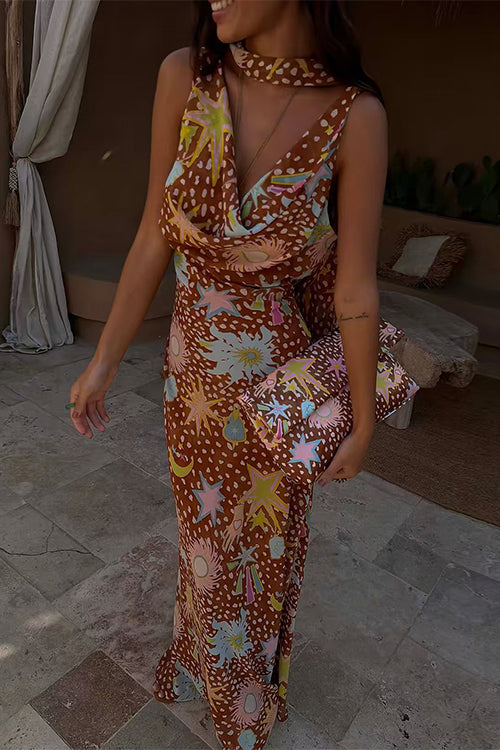 Margovil Cowl Neck Open Back Printed Maxi Dress with Scarf