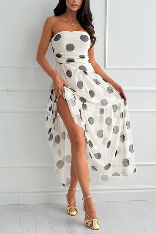 Margovil Strapless Tube Polka Dot Mesh Maxi Dress