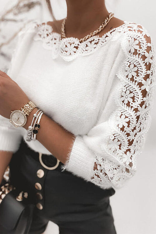 Margovil Hollow Out Lace Splice Long Sleeves Knit Top