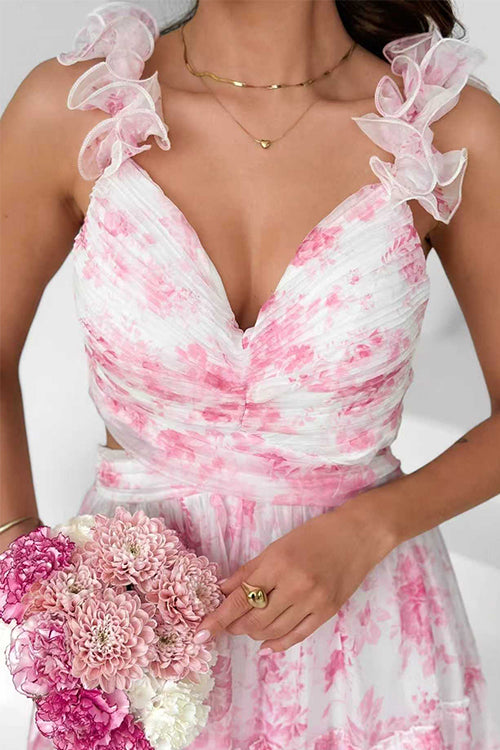 V Neck Sleeveless Cut Out Waist Floral Print Ruffle Maxi Dress