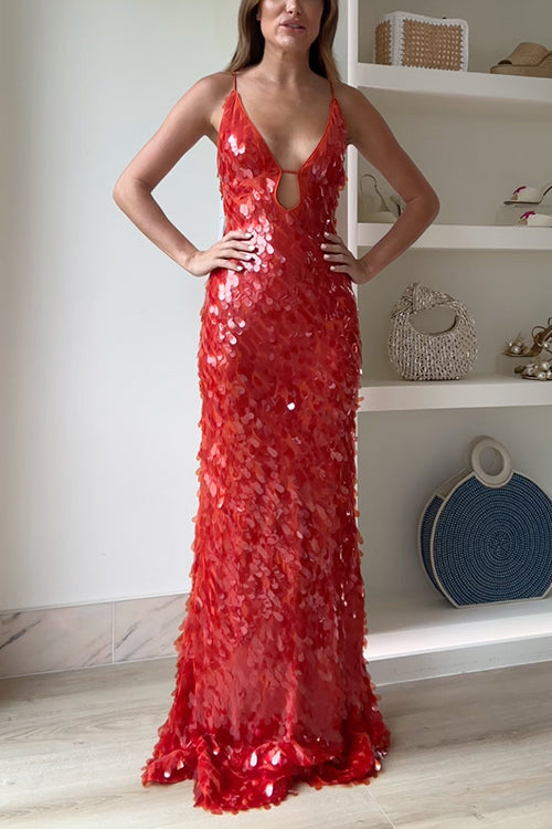 Margovil V Neck Cut Out Sequin Bodycon Maxi Cami Party Dress