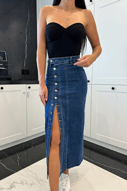 Margovil Button Down Slit Midi Denim Skirt