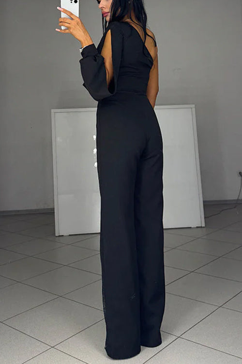 Margovil One Shoulder Long Sleeve Patchwork Wide Leg Jumpsuit