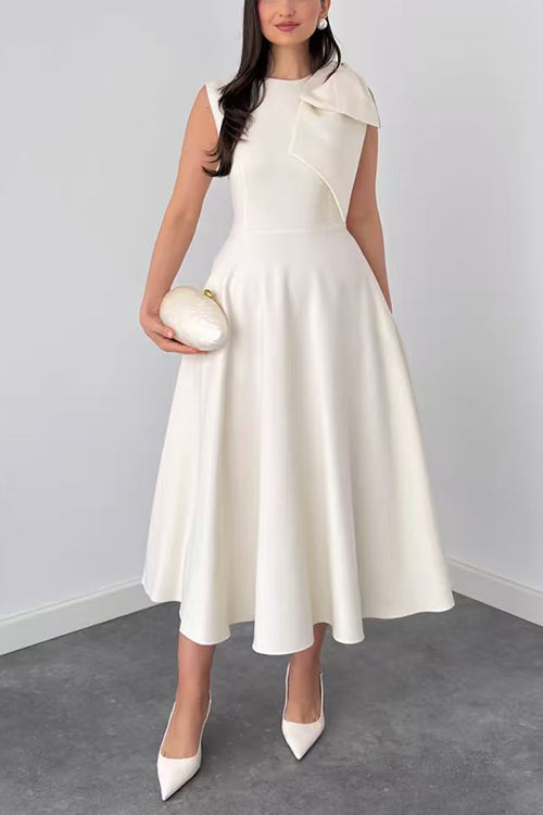 Crewneck Sleeveless Bow Shoulder A-line Midi Dress