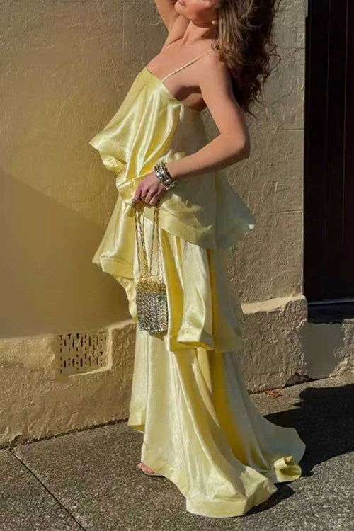 Margovil Adjustable Strap Ruffle Layered Satin Maxi Dress