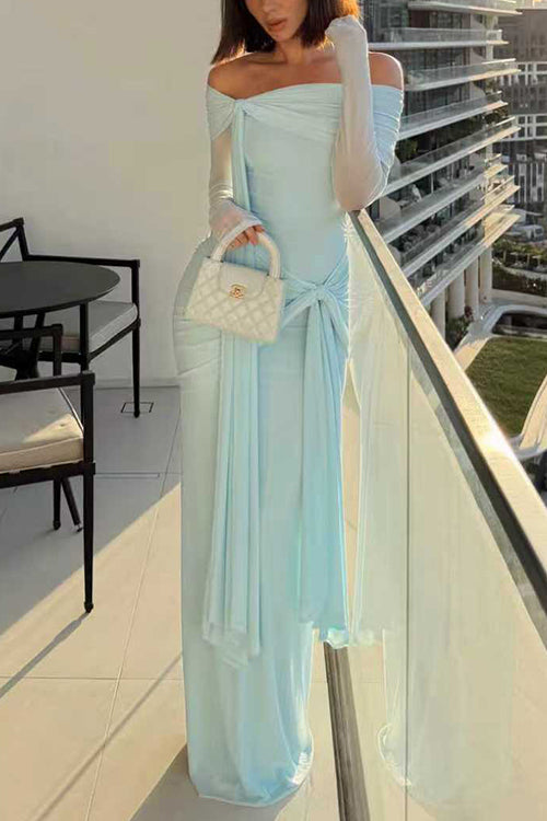 Margovil Off Shoulder Long Sleeves Knot Waist Draped Maxi Dress