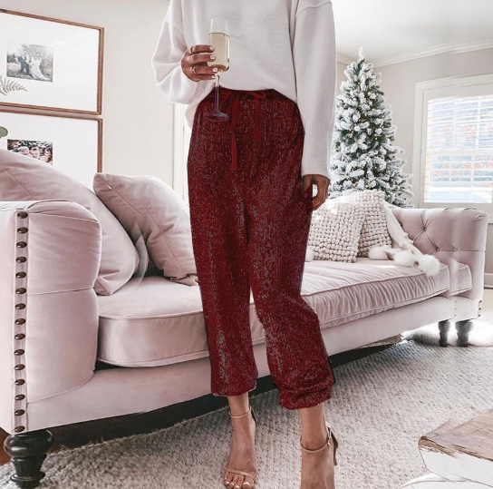 Margovil Drawstring Mid Waist Glitter Sequin Pants