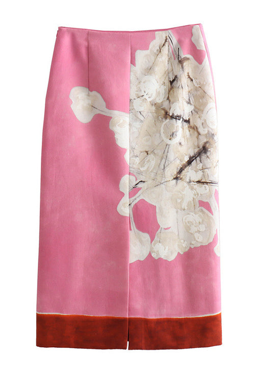 Margovil High Rise Color Block Floral Print Pencil Midi Skirt